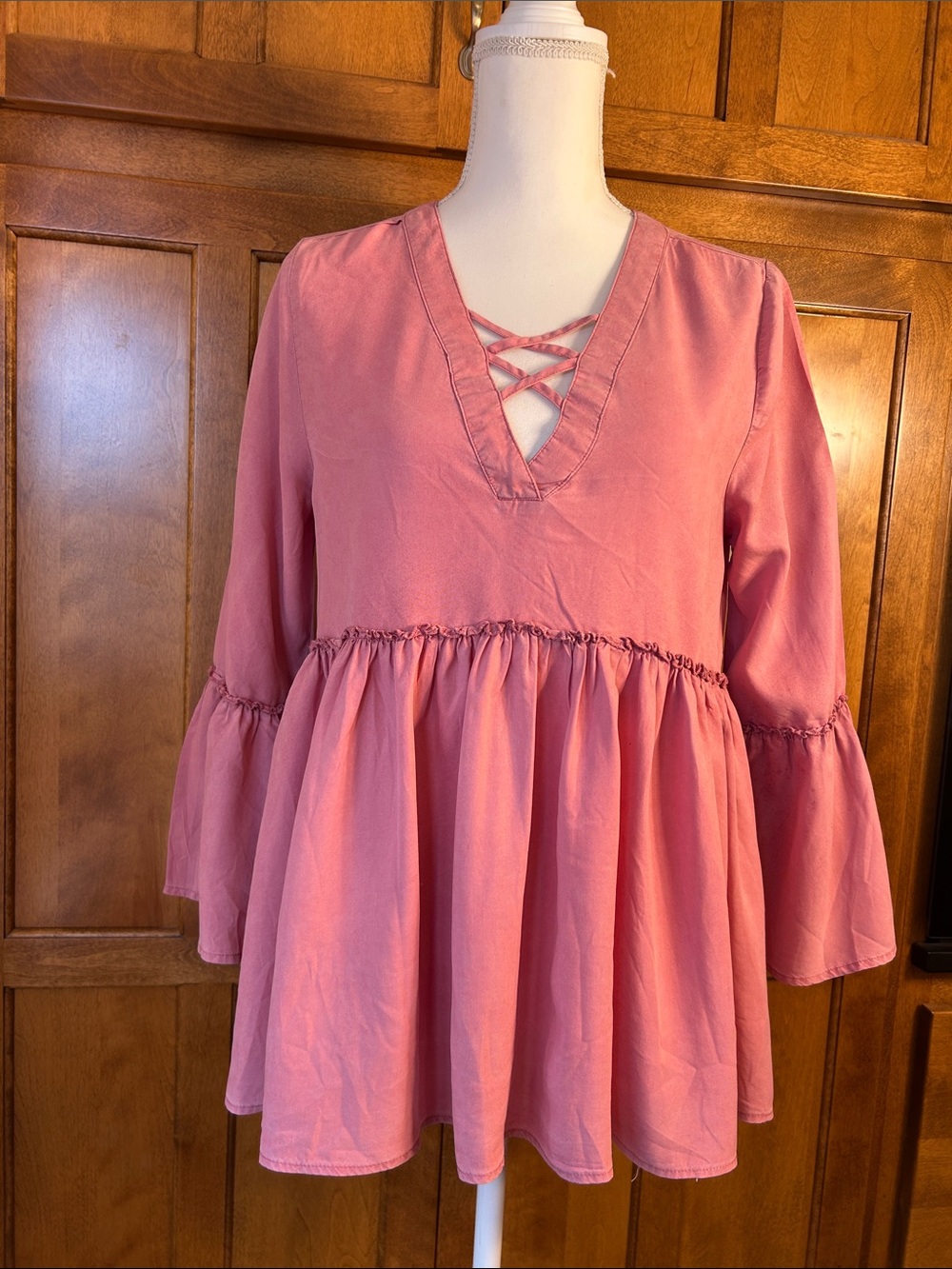 Blue Rain Pink Peplum Bell Sleeve Blouse with Crisscross Neckline Sz M
